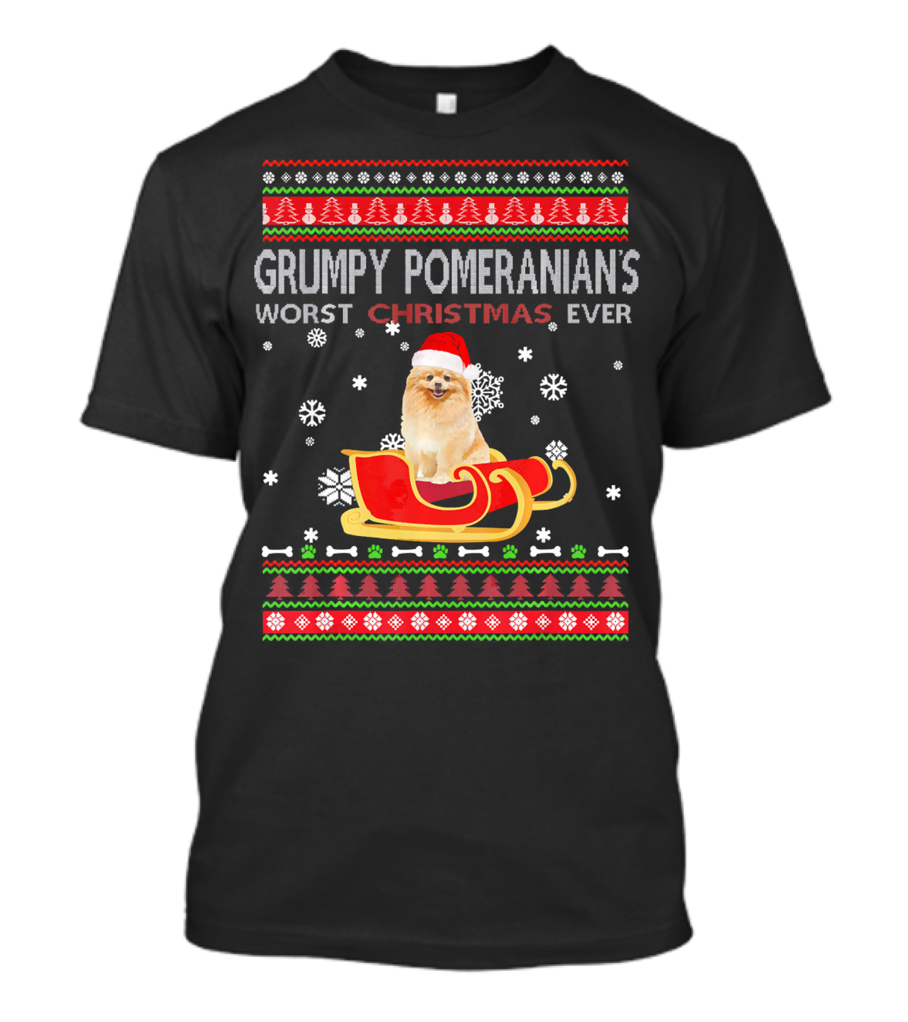 Grumpy Pomeranians Worst Christmas Ever Santa Sleigh Snowflakes T-Shirt