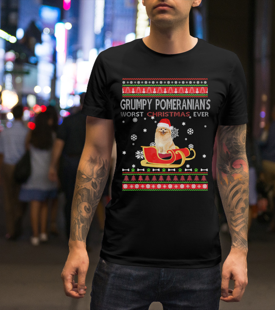 Grumpy Pomeranians Worst Christmas Ever Santa Sleigh Snowflakes T-Shirt