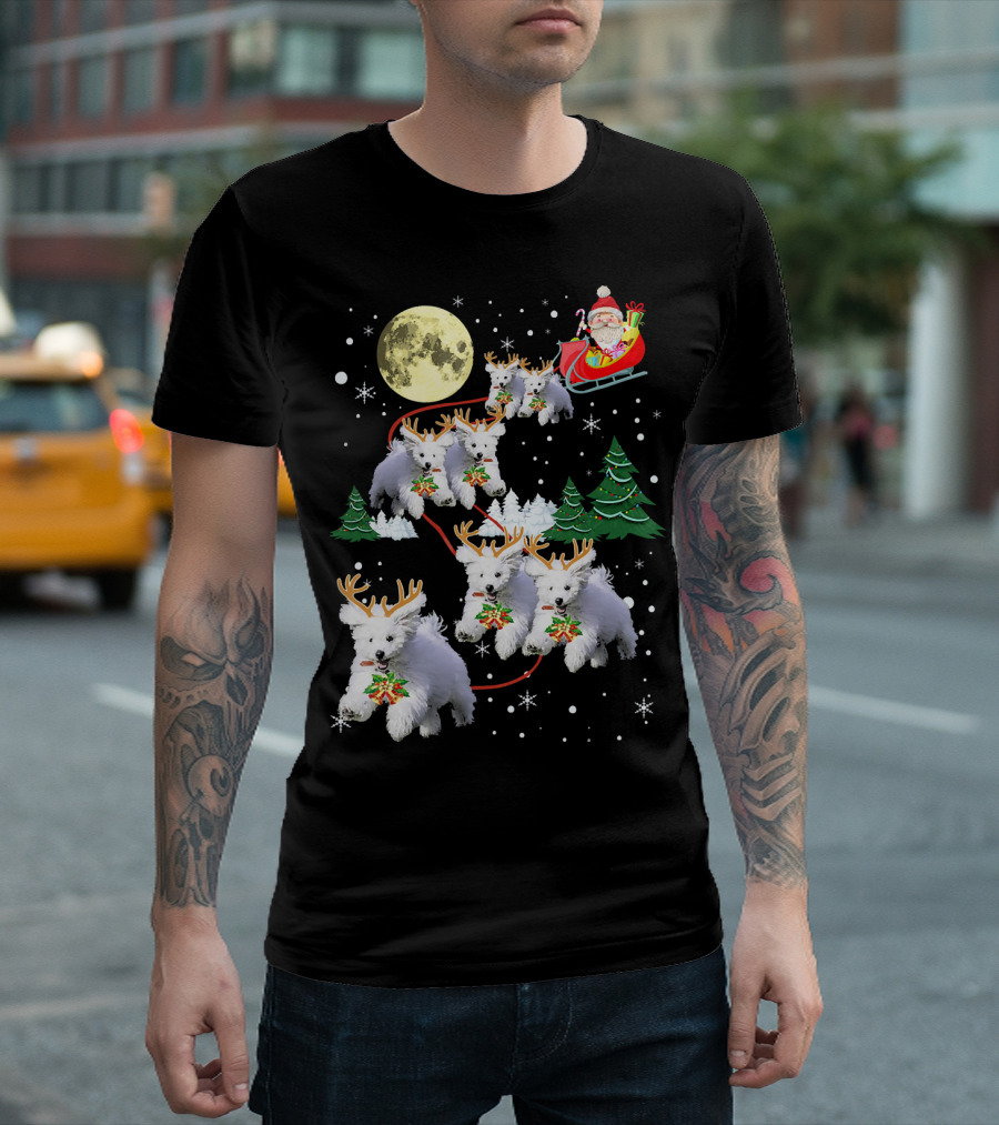 Funny Maltese Christmas Pajama Reindeer Dogs Santa Moon Snow Trees T-Shirt