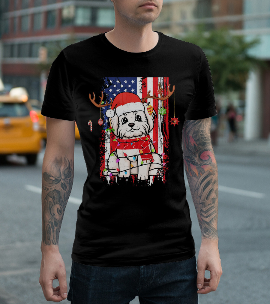 Maltese Dog Christmas Santa Hat USA Flag Antlers Lights Tree Ornaments T-Shirt