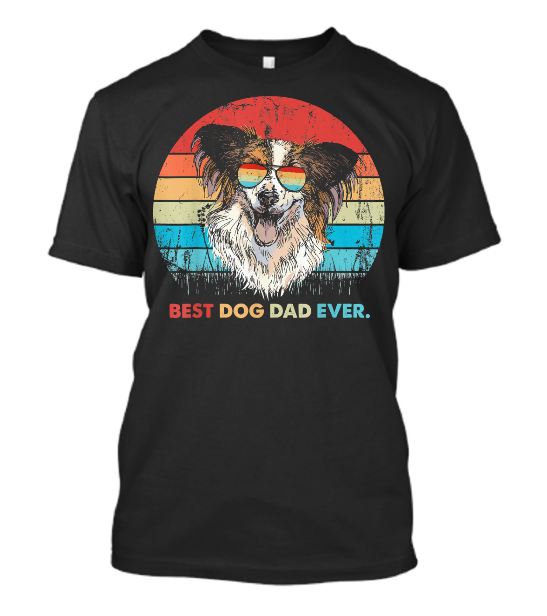 Mens Best Dog Dad Ever Papillon Dog Retro Sunglasses T-Shirt