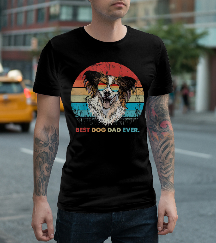 Mens Best Dog Dad Ever Papillon Dog Retro Sunglasses T-Shirt
