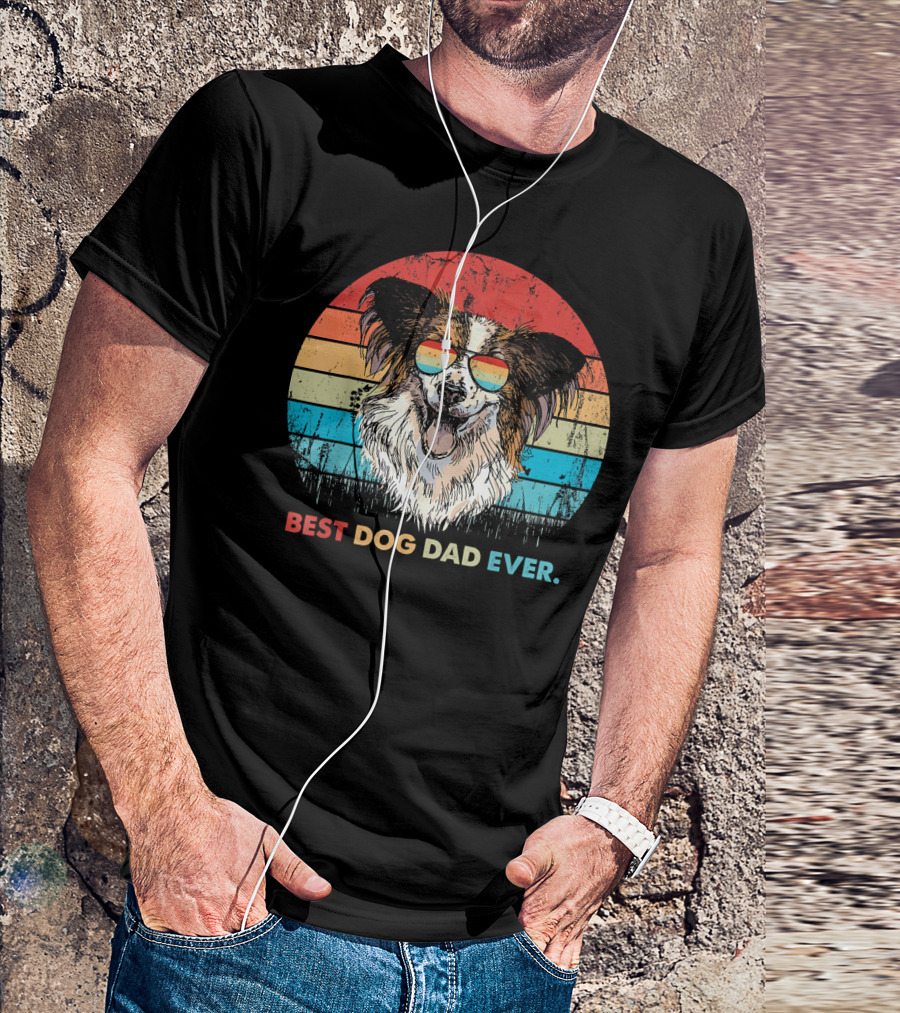 Mens Best Dog Dad Ever Papillon Dog Retro Sunglasses T-Shirt