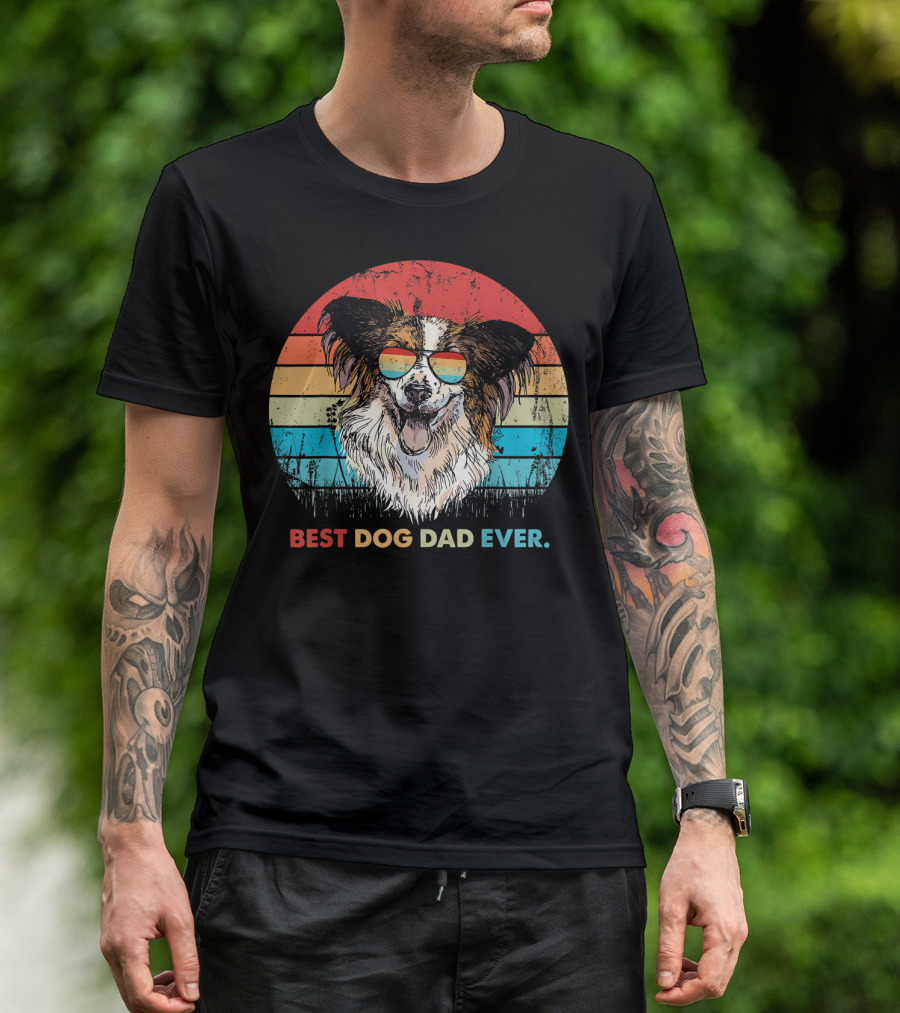 Mens Best Dog Dad Ever Papillon Dog Retro Sunglasses T-Shirt