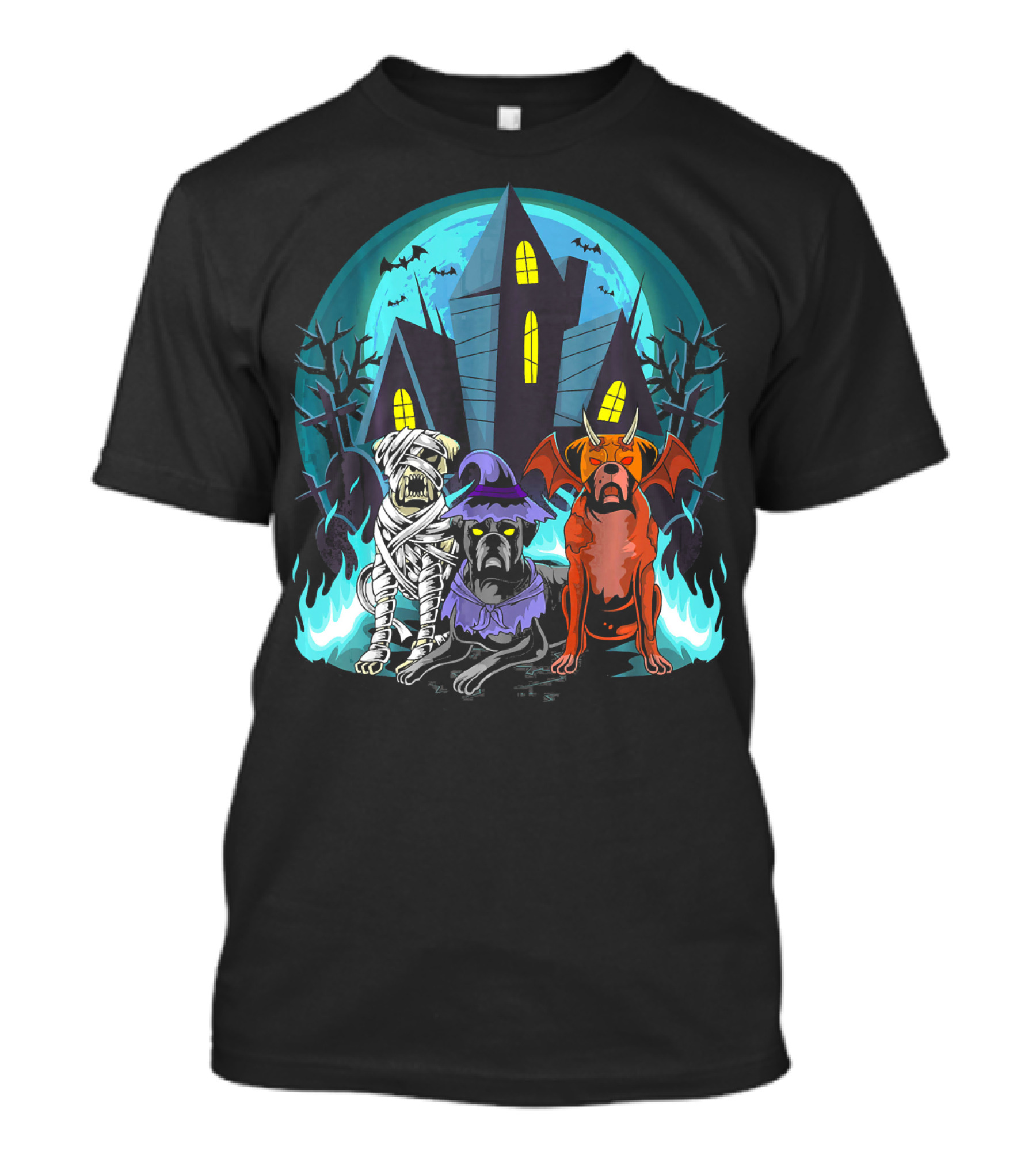 Halloween Boxer Dogs Mummy Witch Devil Haunted House Scene T-Shirt