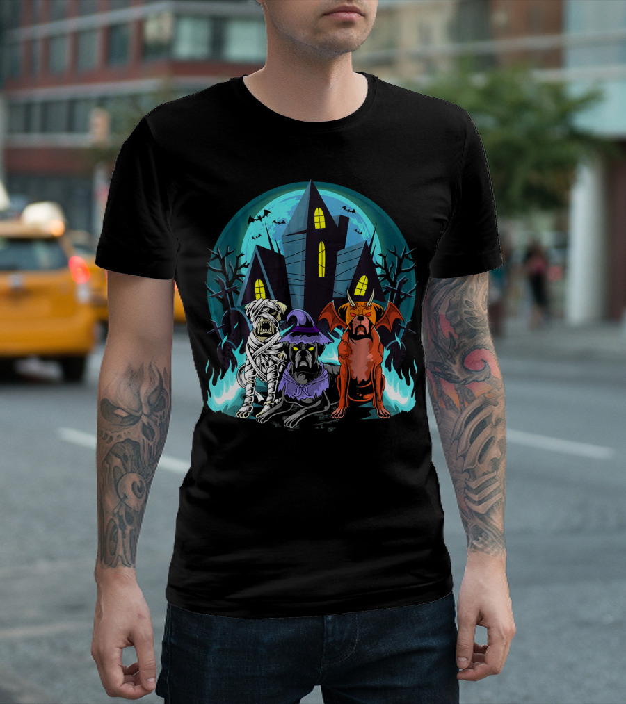 Halloween Boxer Dogs Mummy Witch Devil Haunted House Scene T-Shirt