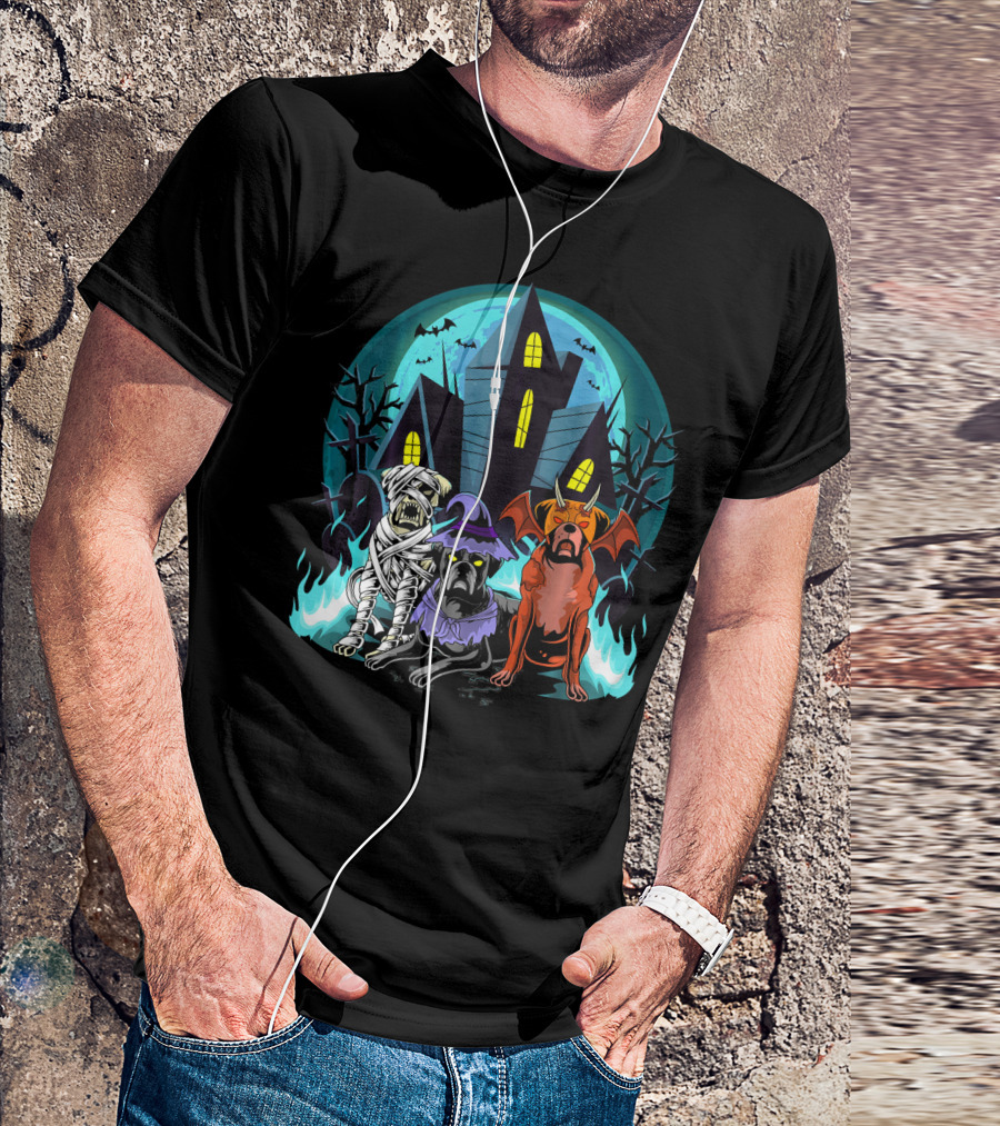 Halloween Boxer Dogs Mummy Witch Devil Haunted House Scene T-Shirt