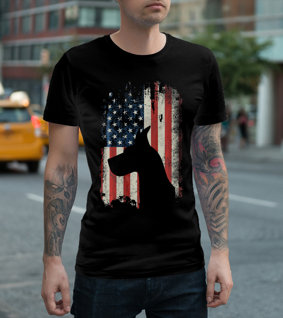 Great Dane Silhouette with American Flag USA Patriotic T-Shirt