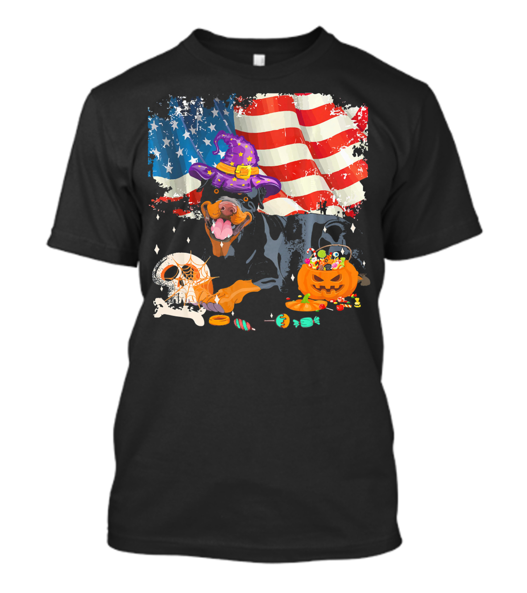 Rottweiler Halloween Wizard With American Flag And Pumpkin Candy T-Shirt