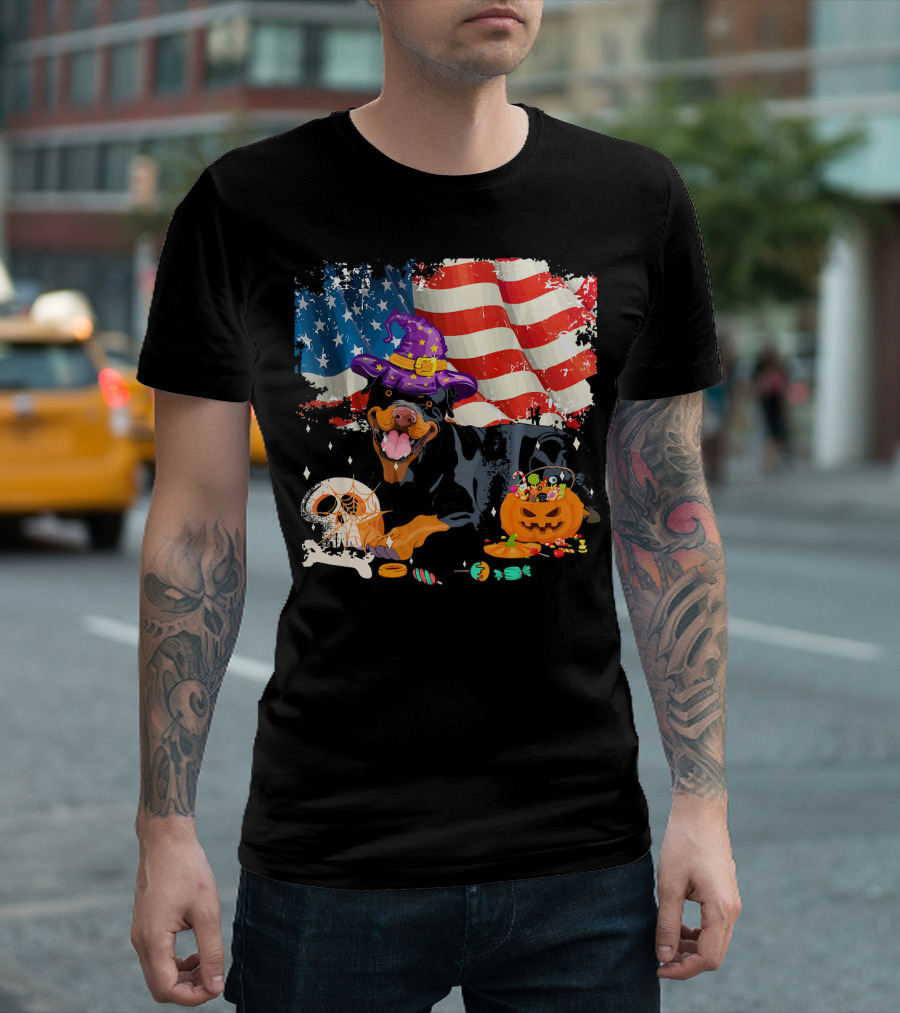 Rottweiler Halloween Wizard With American Flag And Pumpkin Candy T-Shirt