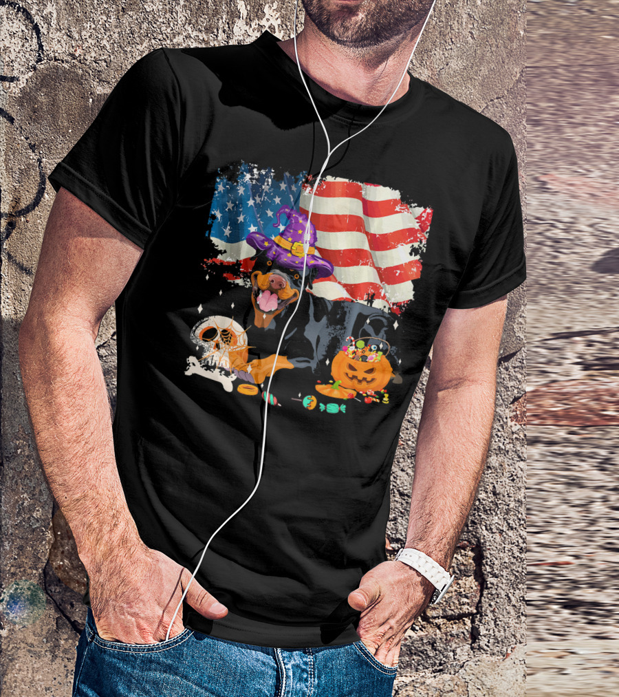 Rottweiler Halloween Wizard With American Flag And Pumpkin Candy T-Shirt