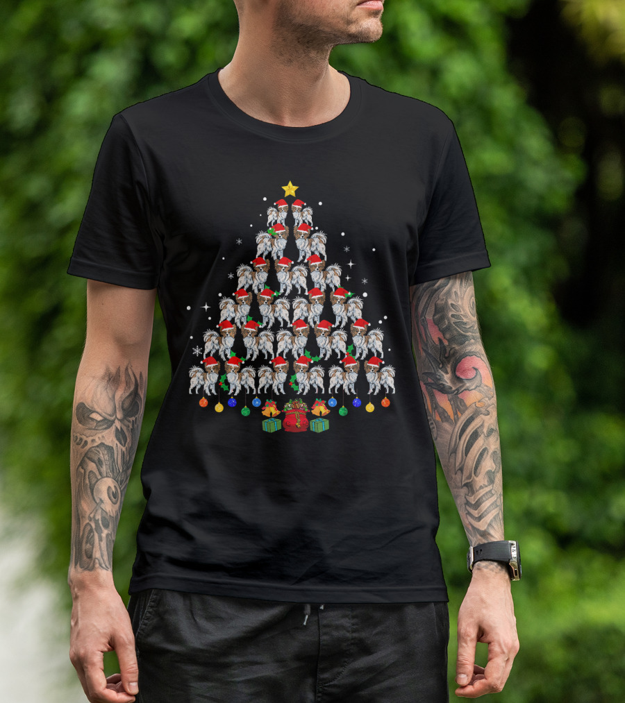 Festive Papillon Dog Christmas Tree With Santa Hats And Gift Decorations T-Shirt