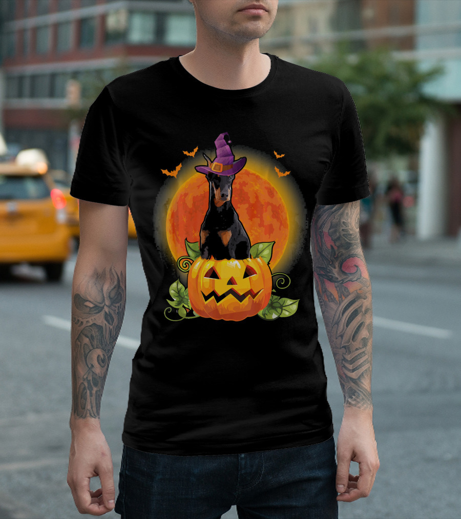 Doberman Pinscher Dog in Witch Hat with Pumpkin and Full Moon Halloween T-Shirt