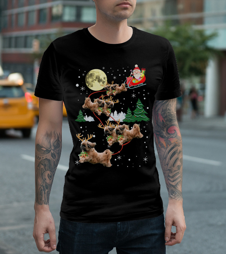 Funny Shih Tzu Reindeer Santa Sleigh Christmas Moon Snowflakes Pine Trees T-Shirt