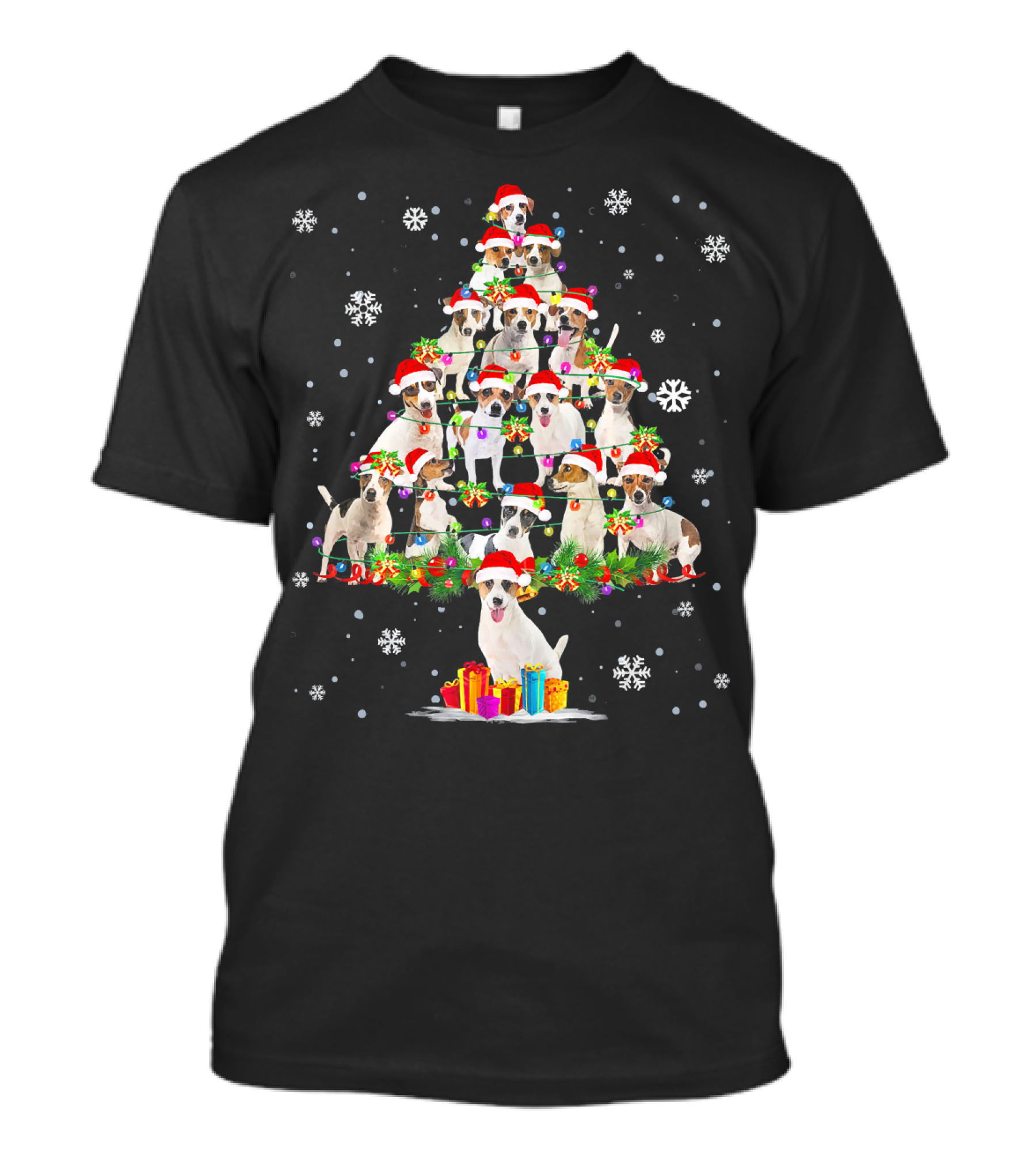Jack Russell Dogs In Santa Hats Forming Christmas Tree With Snowflakes And Presents T-Shirt