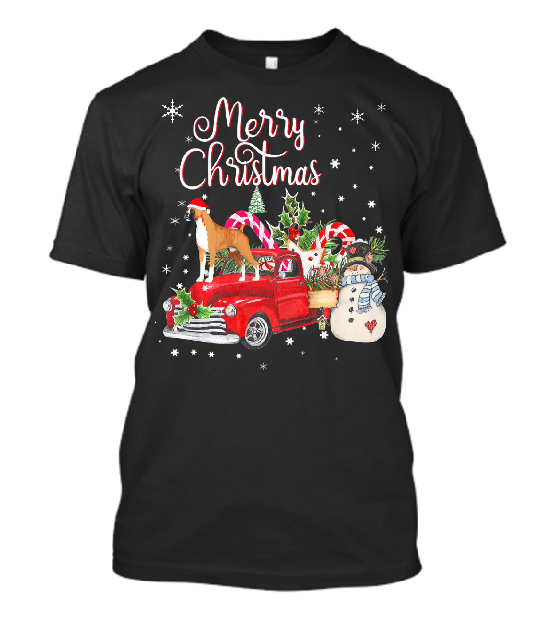 Merry Christmas Boxer Dog On Red Truck With Snowman And Candy Canes T-Shirt