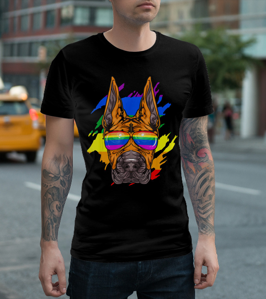 Funny Great Dane Dog with Rainbow Sunglasses and Pride Colors T-Shirt