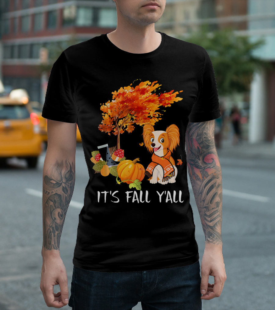 It's Fall Y'all Papillon Dog with Pumpkin and Autumn Tree T-Shirt