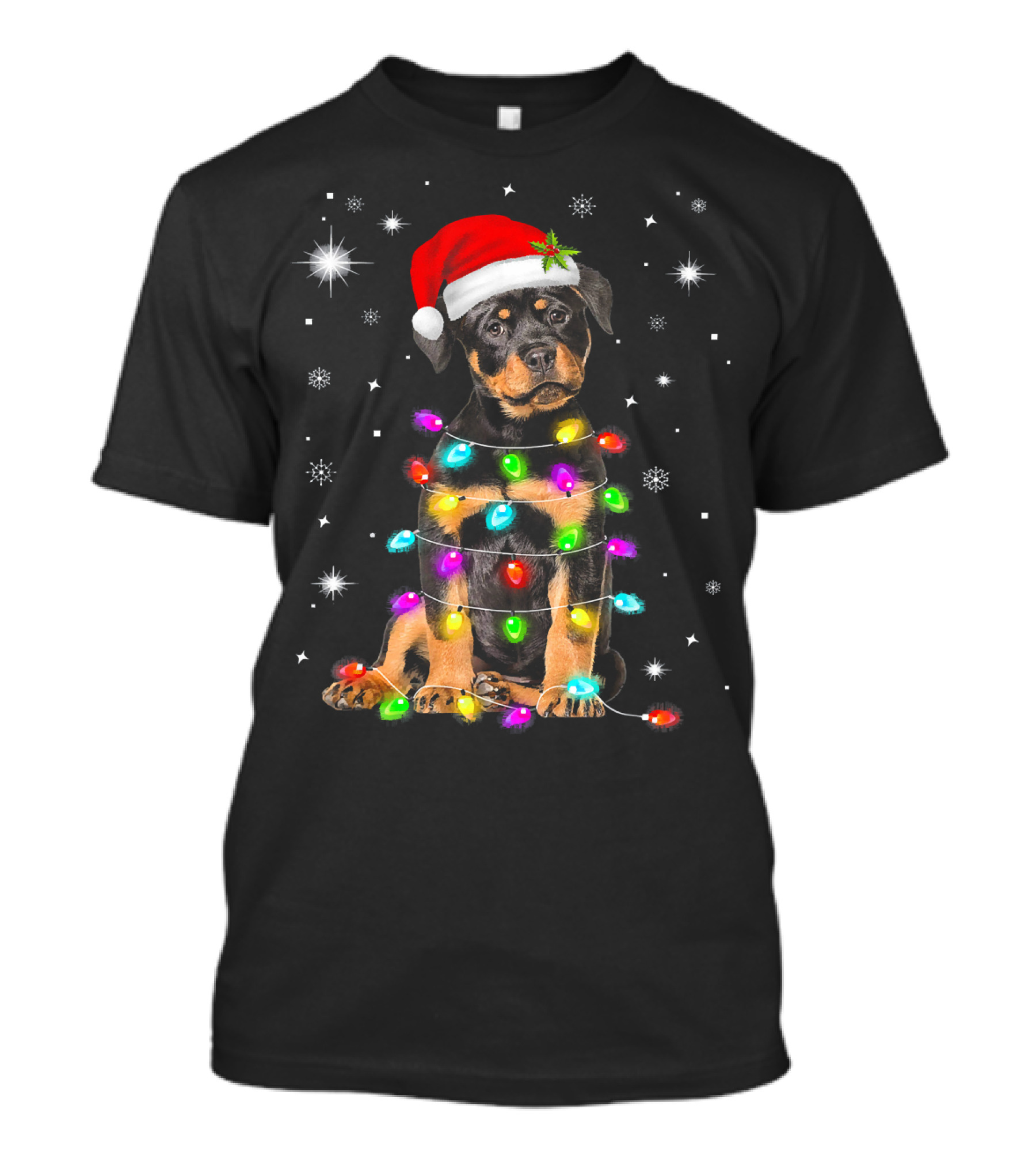 Rottweiler Christmas Lights Santa Hat Snowflakes T-Shirt