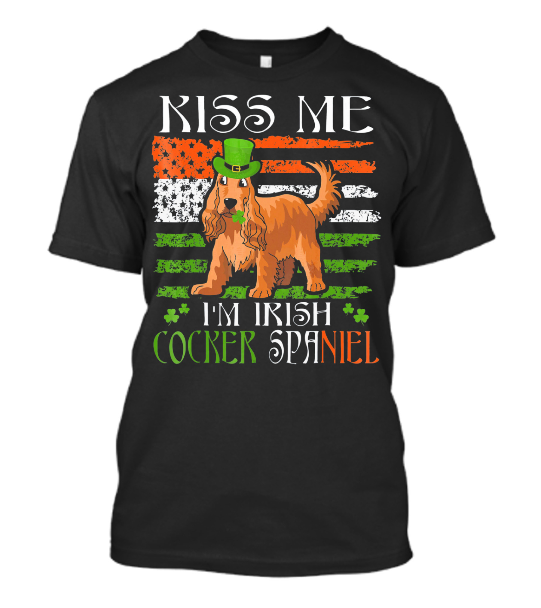 Kiss Me I'm Irish Cocker Spaniel St Patrick's Day Dog With Shamrocks And Flag T-Shirt