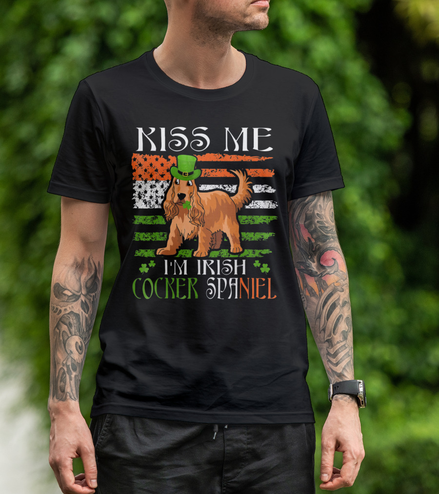 Kiss Me I'm Irish Cocker Spaniel St Patrick's Day Dog With Shamrocks And Flag T-Shirt
