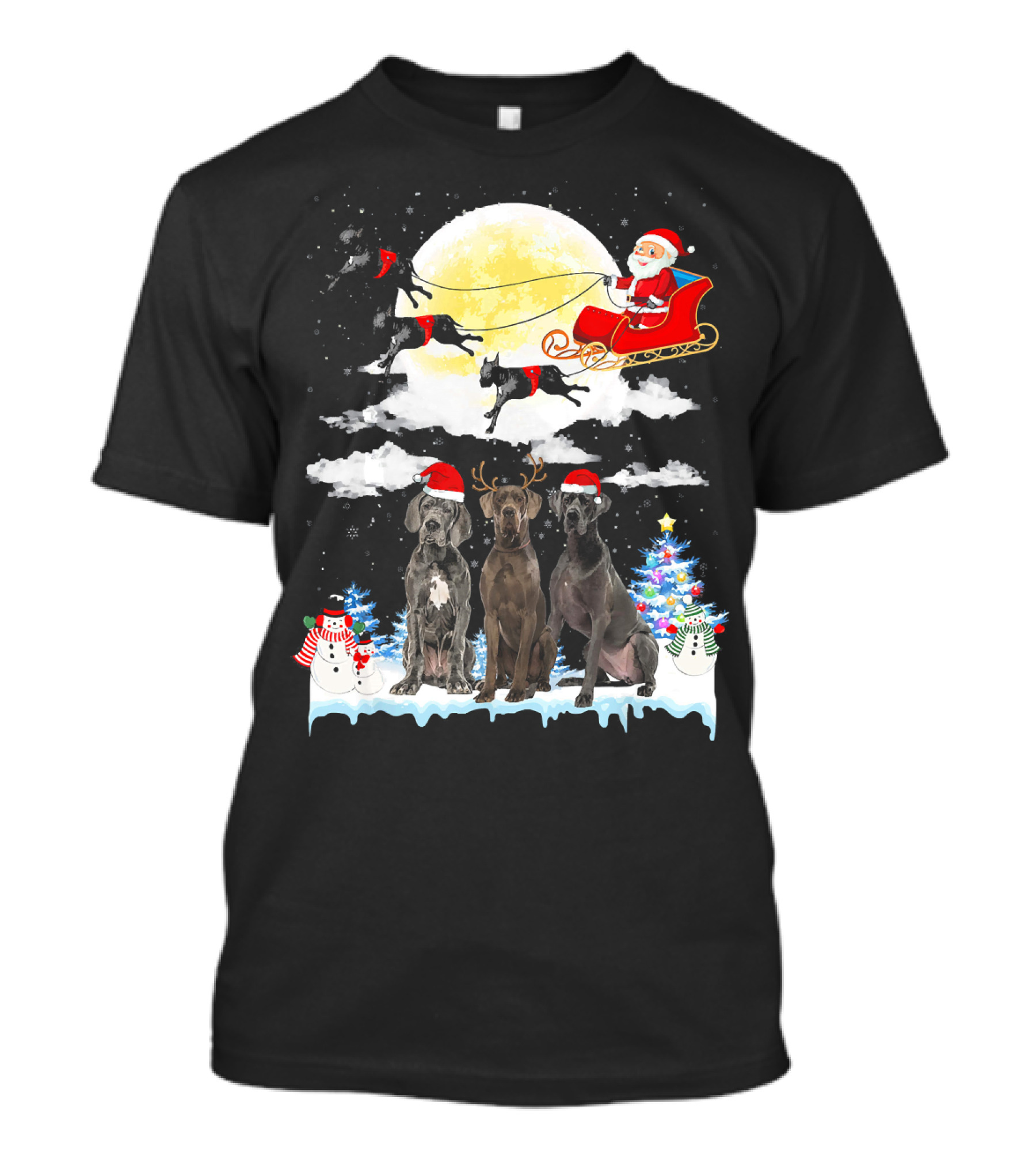 Great Dane Dogs Pulling Santa's Sleigh With Festive Christmas Decor T-Shirt