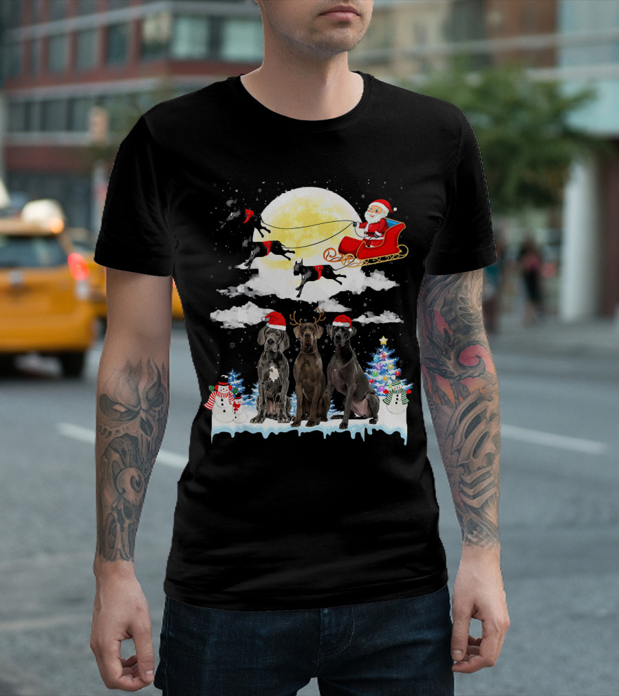 Great Dane Dogs Pulling Santa's Sleigh With Festive Christmas Decor T-Shirt