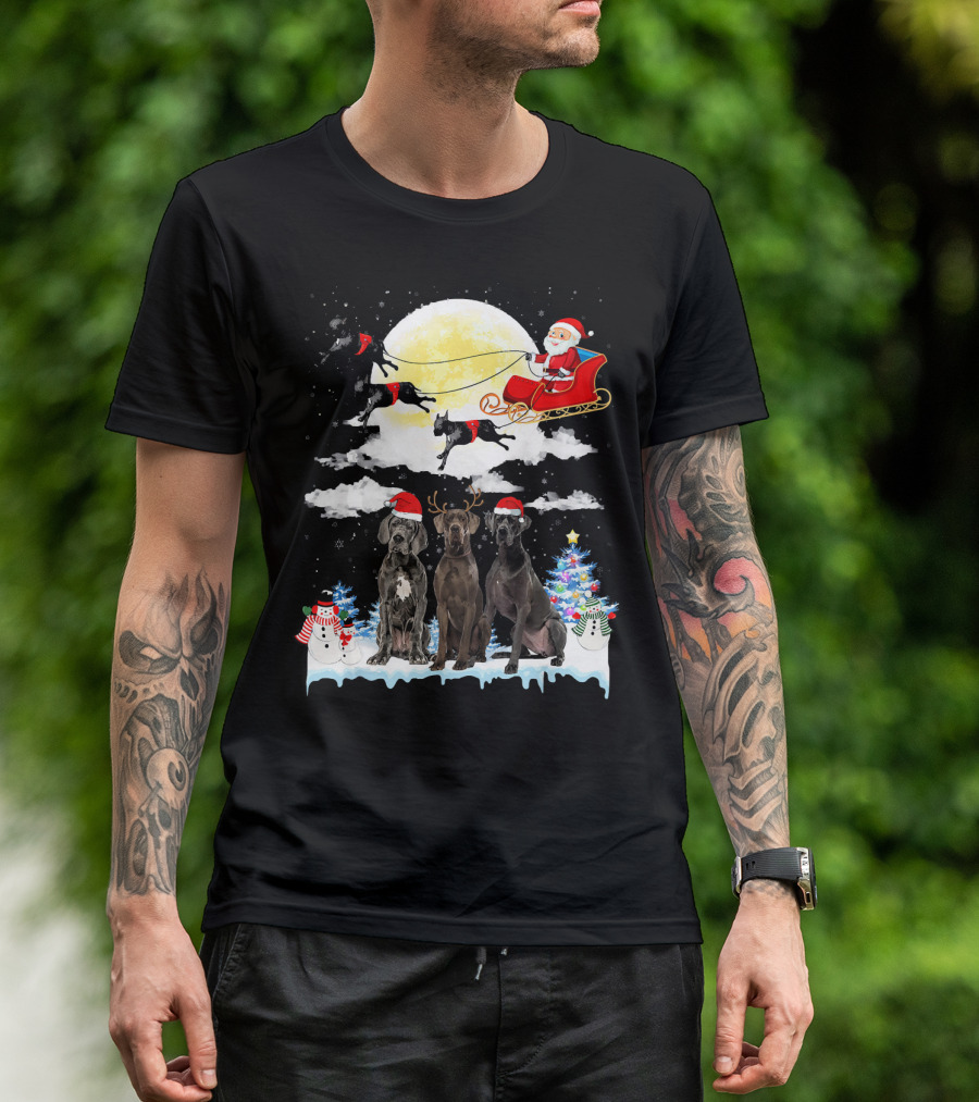 Great Dane Dogs Pulling Santa's Sleigh With Festive Christmas Decor T-Shirt