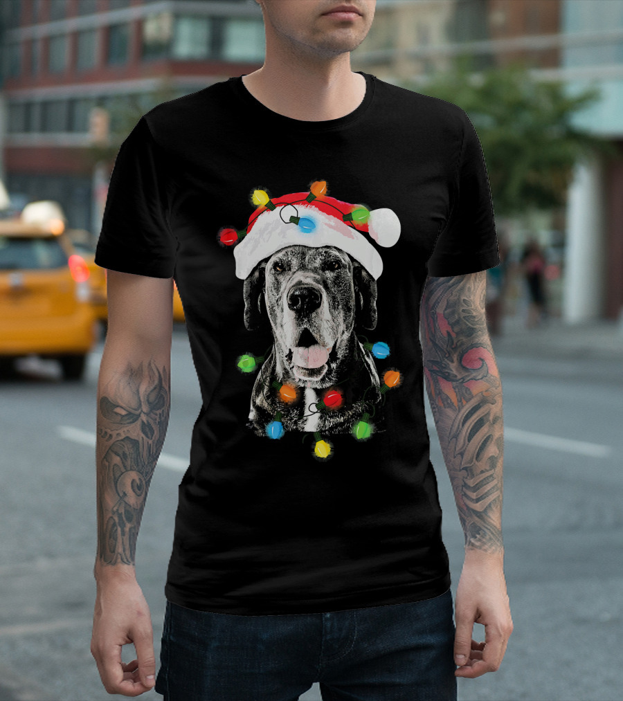 Santa Hat Great Dane With Christmas Lights T-Shirt