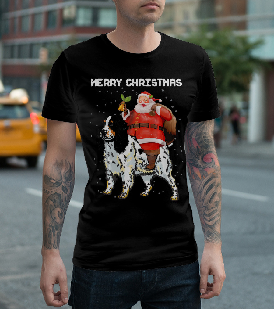 Merry Christmas Funny Santa Riding Cocker Spaniel Dog T-Shirt