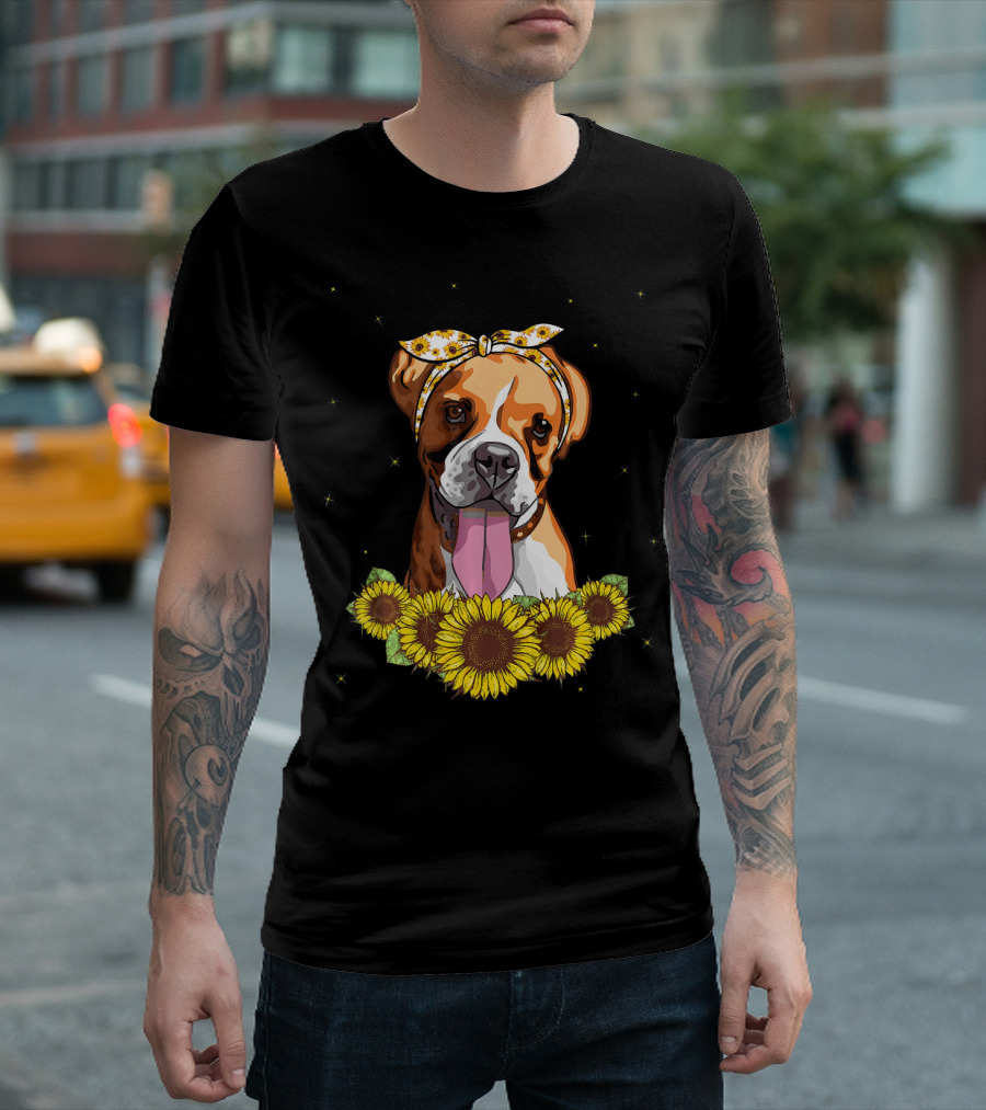 Girls Boxer Dog with Sunflower Bandana and Sunflowers T-Shirt