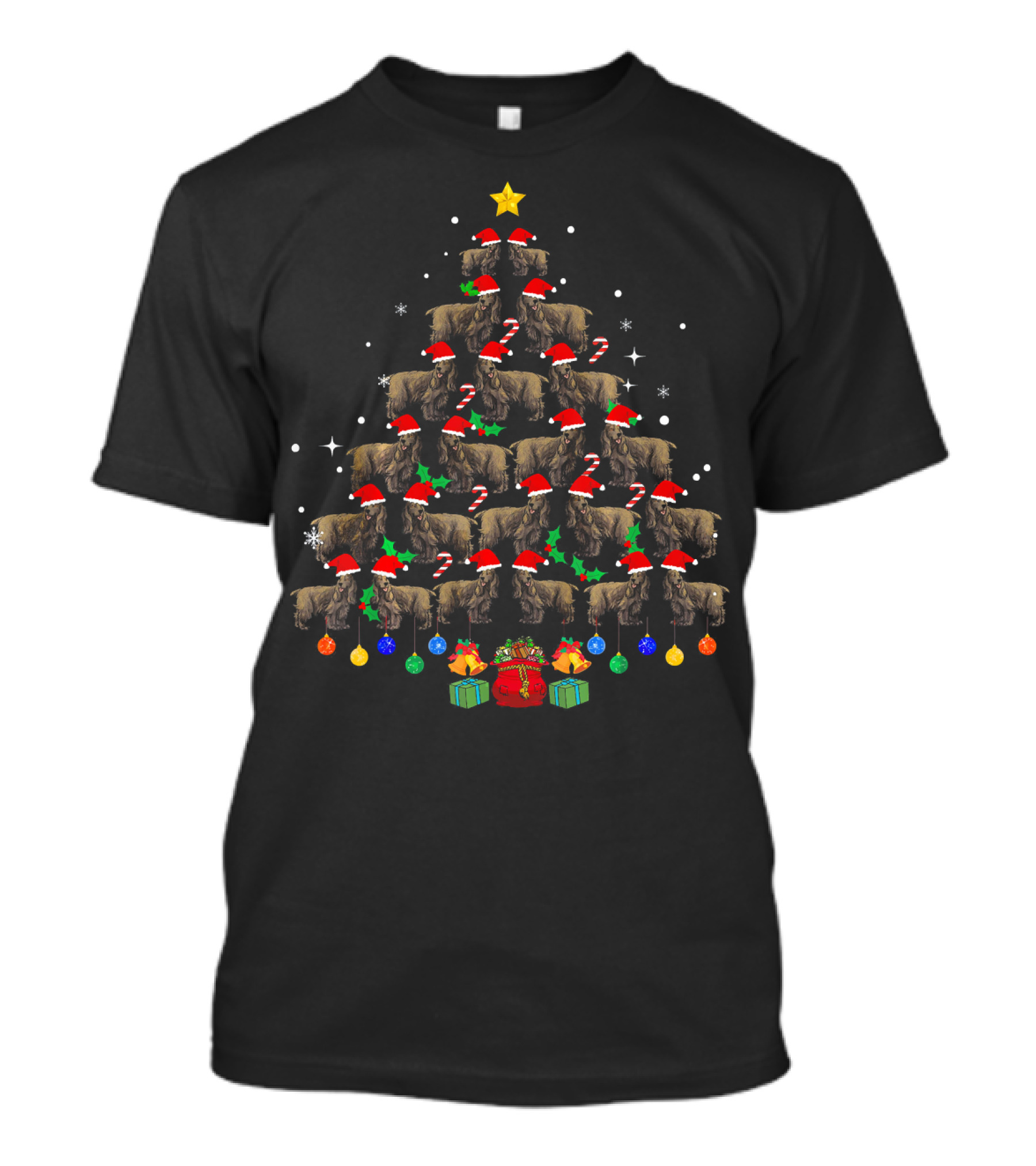 Funny English Cocker Spaniel Christmas Tree With Santa Hats And Gifts T-Shirt