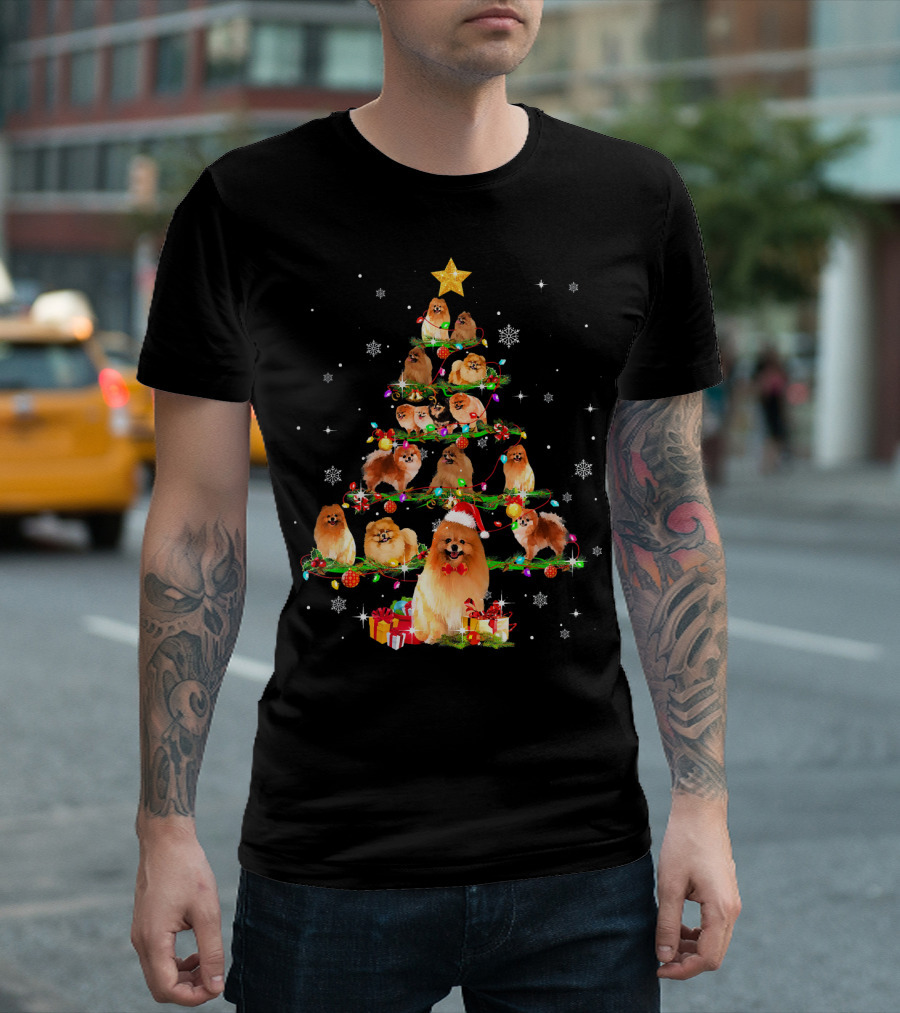 Pomeranian Christmas Santa Tree with Funny Holiday Dogs T-Shirt