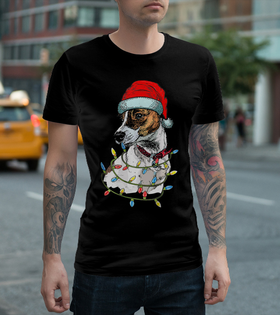 Funny Jack Russell Dog Santa Hat Christmas Lights T-Shirt