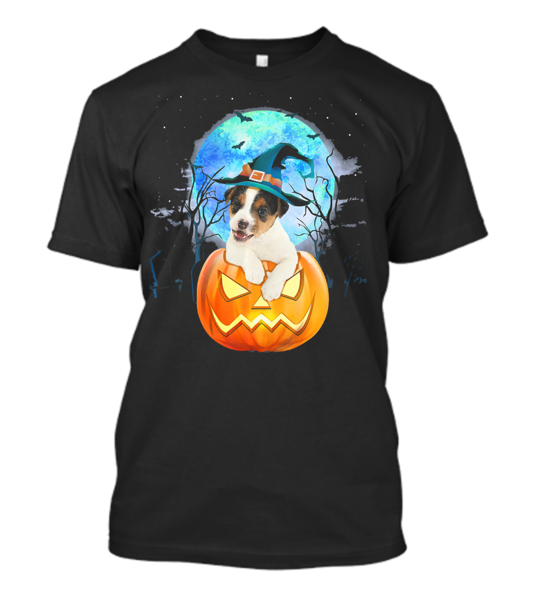 Jack Russell Puppy Witch Hat Blue Moon Haunted Halloween Pumpkin T-Shirt