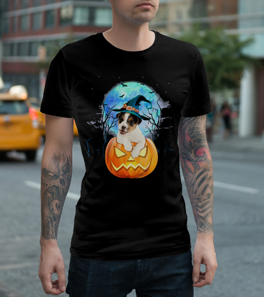Jack Russell Puppy Witch Hat Blue Moon Haunted Halloween Pumpkin T-Shirt