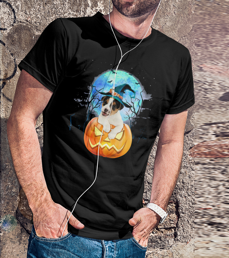 Jack Russell Puppy Witch Hat Blue Moon Haunted Halloween Pumpkin T-Shirt