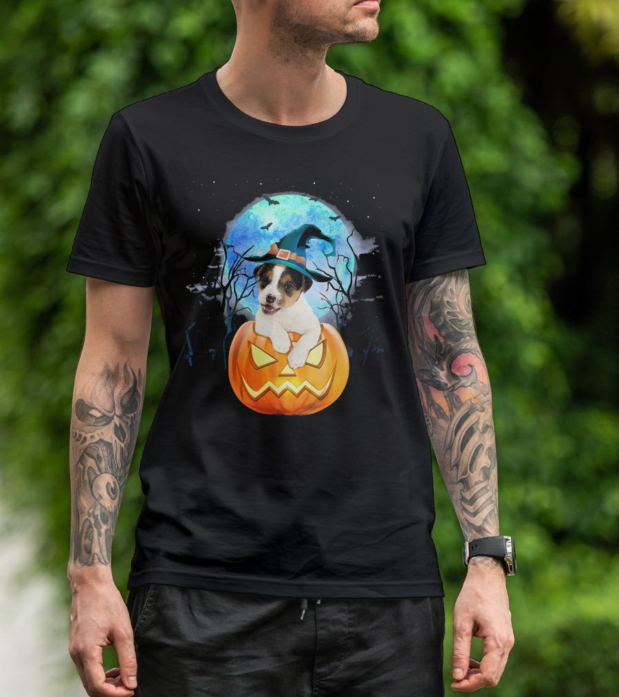 Jack Russell Puppy Witch Hat Blue Moon Haunted Halloween Pumpkin T-Shirt