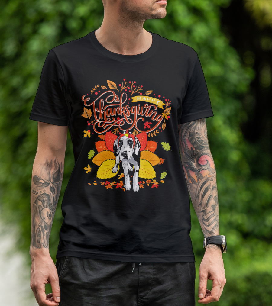 Happy Thanksgiving Great Dane Wearing Turkey Hat Fall Autumn T-Shirt