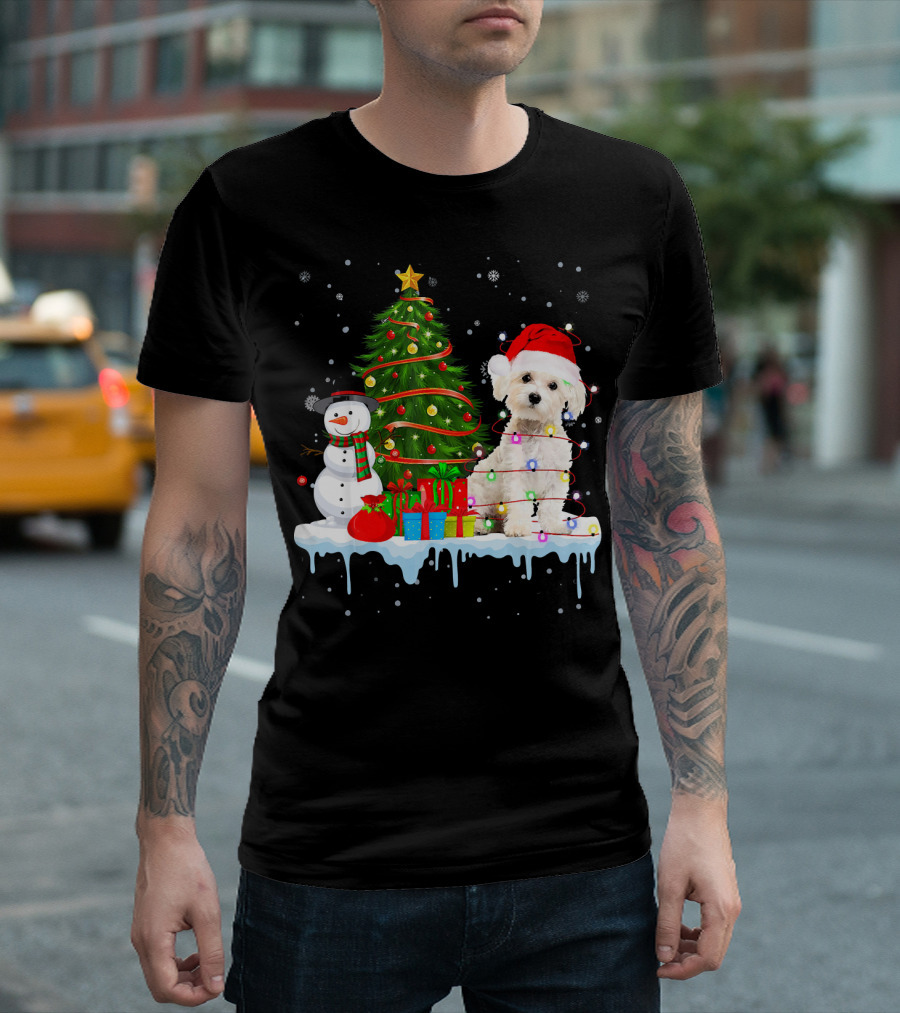 Maltese Dog Santa Hat Christmas Lights Snowman Tree Presents T-Shirt