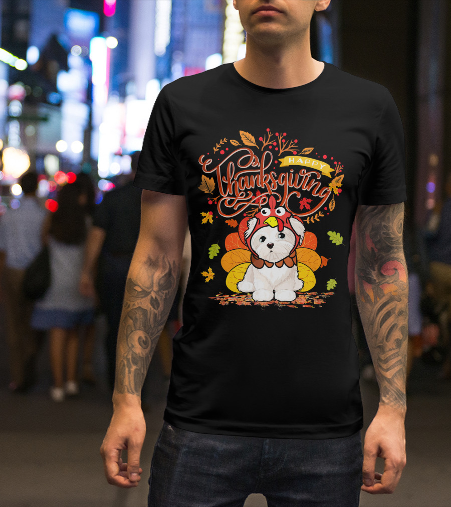 Happy Thanksgiving Maltese Wearing Turkey Hat Surrounded By Fall Leaves T-Shirt