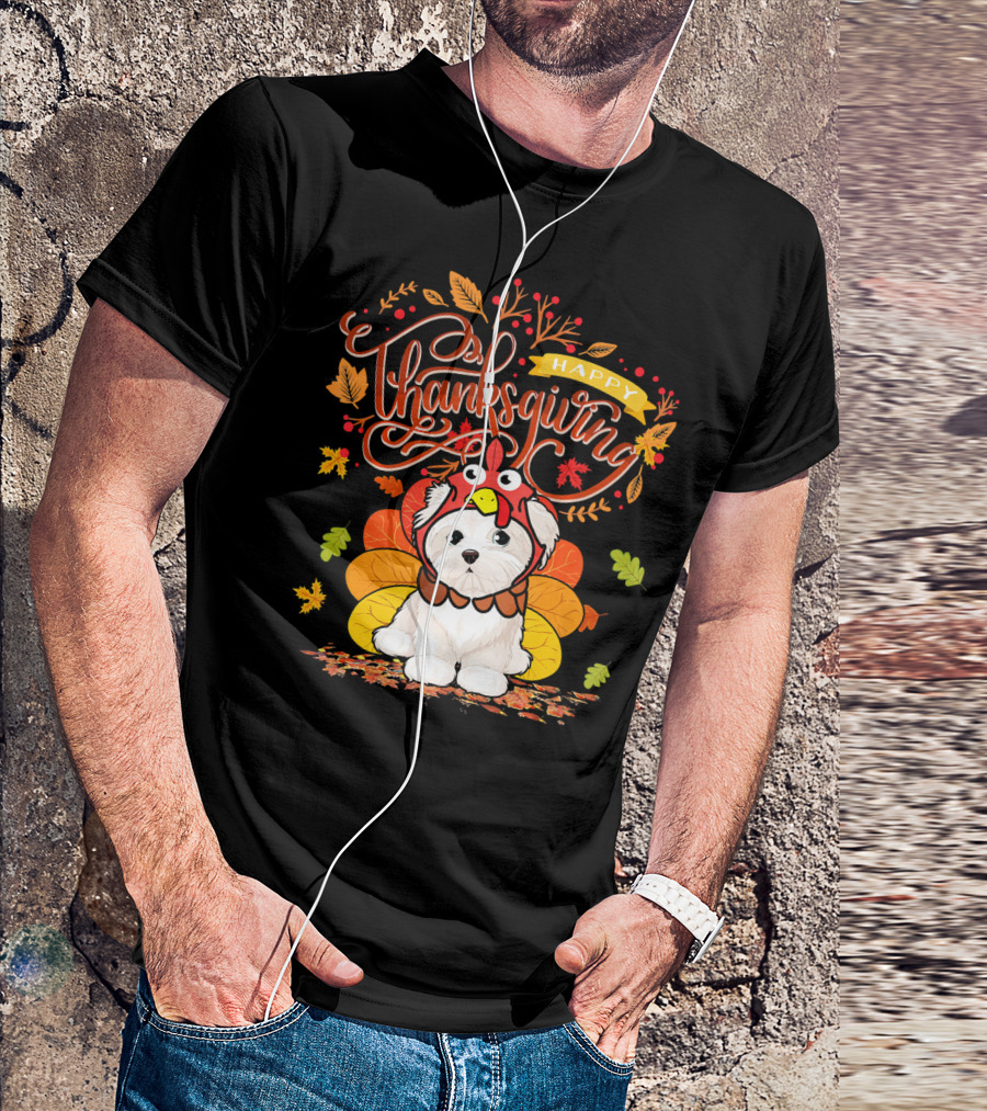 Happy Thanksgiving Maltese Wearing Turkey Hat Surrounded By Fall Leaves T-Shirt