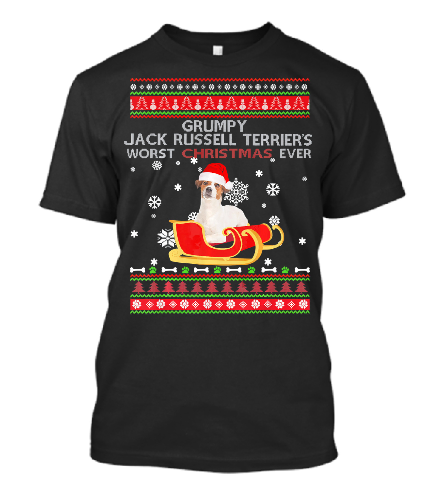 Grumpy Jack Russell Terrier's Worst Christmas Ever Santa Sleigh Snowflakes T-Shirt