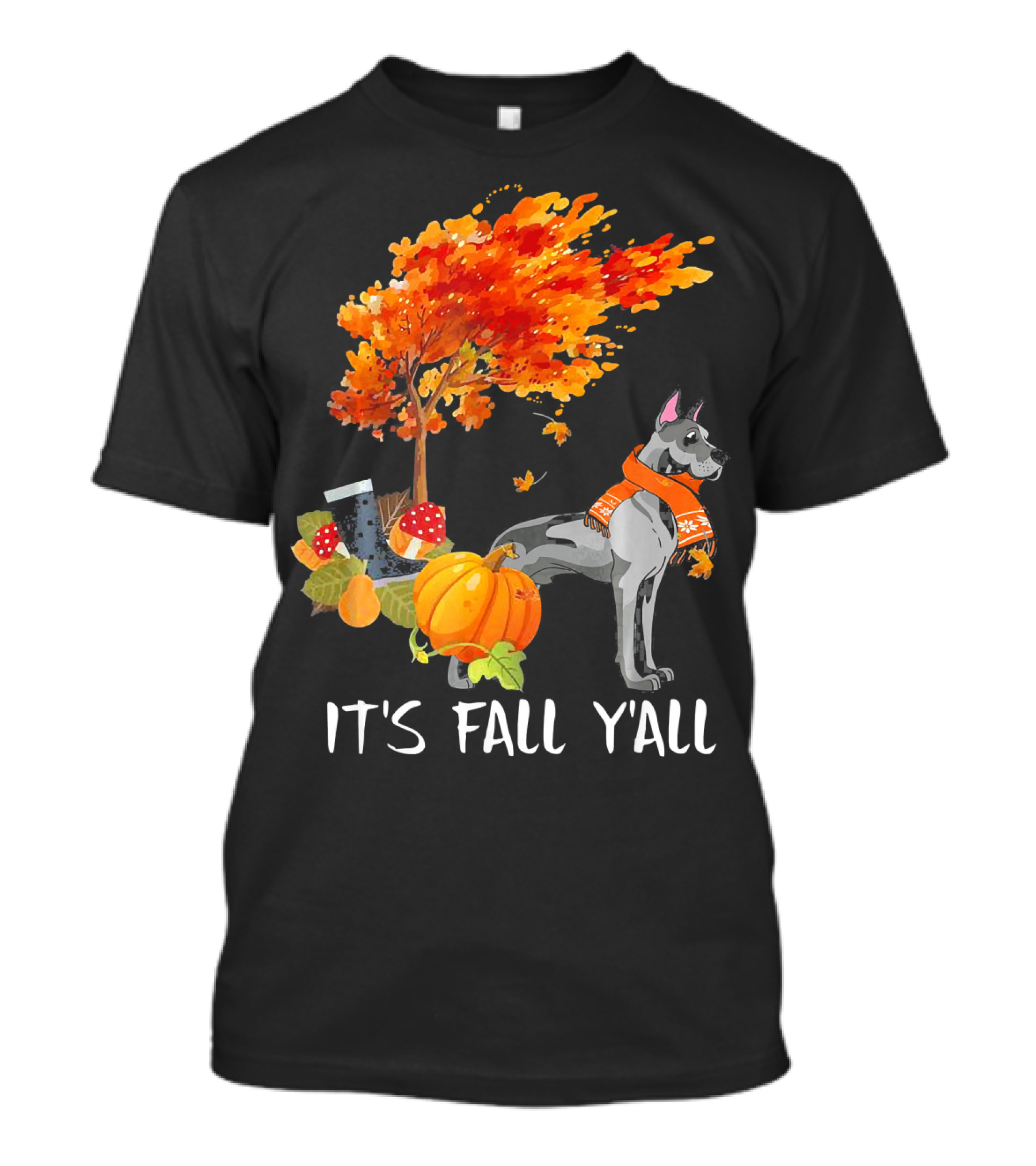 Its Fall Yall Great Dane Autumn Leaves Pumpkin Hat Scarf T-Shirt