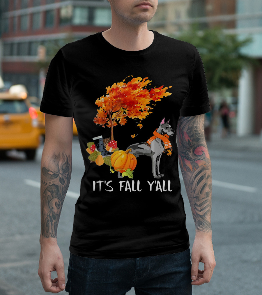 Its Fall Yall Great Dane Autumn Leaves Pumpkin Hat Scarf T-Shirt