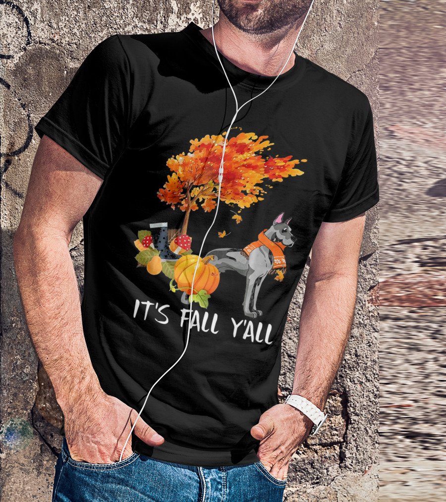 Its Fall Yall Great Dane Autumn Leaves Pumpkin Hat Scarf T-Shirt