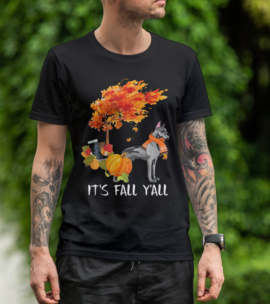 Its Fall Yall Great Dane Autumn Leaves Pumpkin Hat Scarf T-Shirt