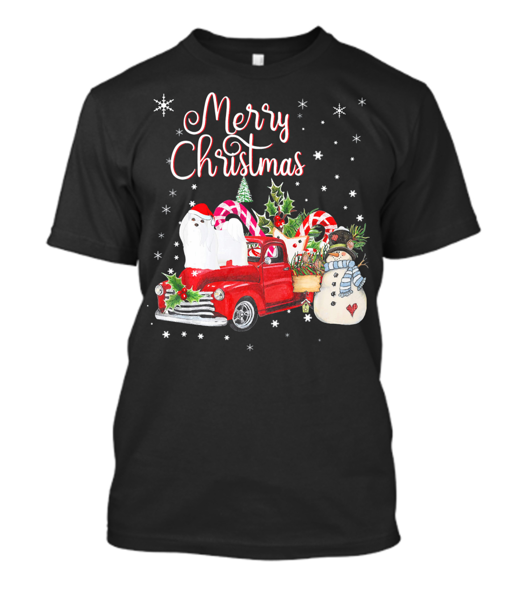 Merry Christmas Funny Maltese Dog On Red Truck With Snowman And Candy Canes T-Shirt