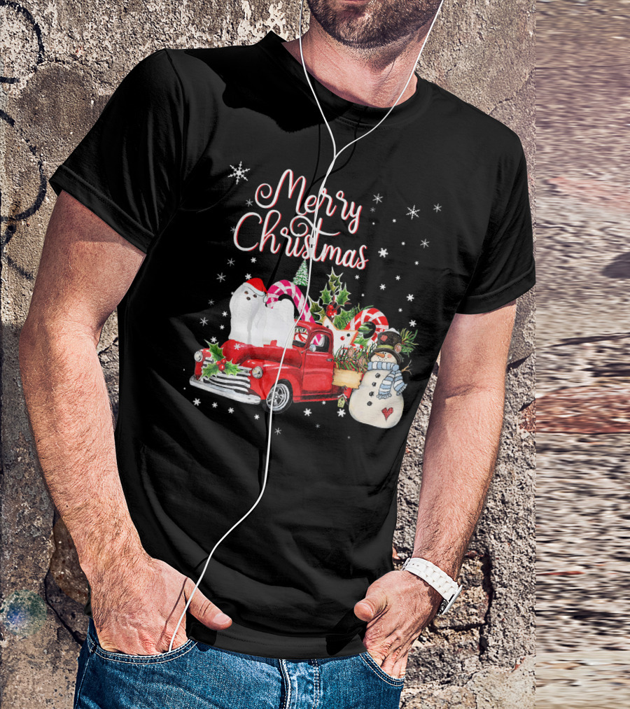 Merry Christmas Funny Maltese Dog On Red Truck With Snowman And Candy Canes T-Shirt