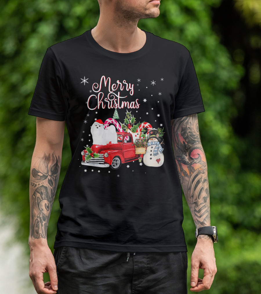Merry Christmas Funny Maltese Dog On Red Truck With Snowman And Candy Canes T-Shirt